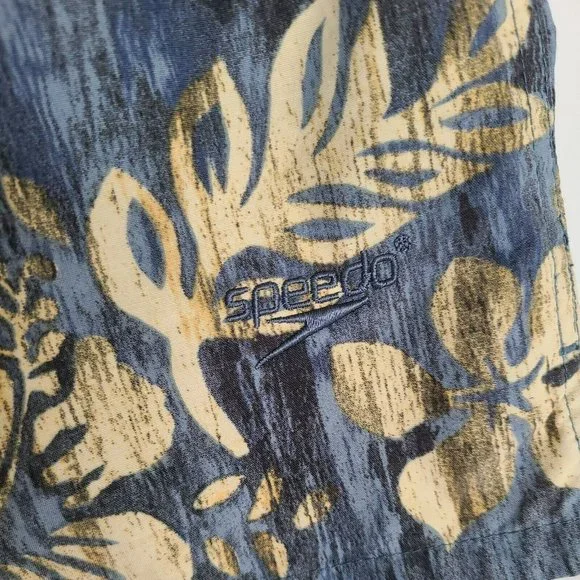 SPEEDO Men’s Sz SM Board Shorts Swim Trunks Blue Beige Flowers Hawaiian Hibiscus - Picture 2 of 11